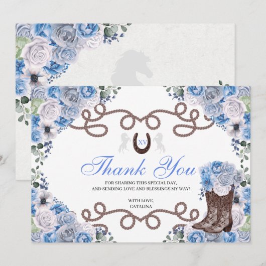 Blue Western Horse Quinceanera Hartelijk dank Bedankkaart (Voorkant / Achterkant)