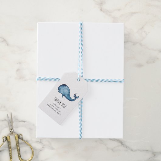 Blue whale baby shower dank u. Waterverf marine Cadeaulabel (Met Touw)
