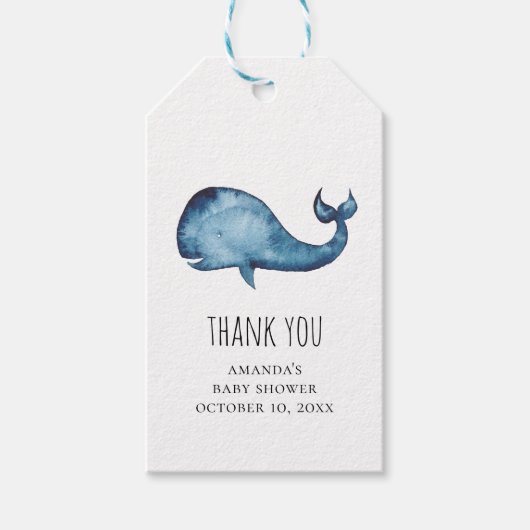 Blue whale baby shower dank u. Waterverf marine Cadeaulabel (Voorkant)