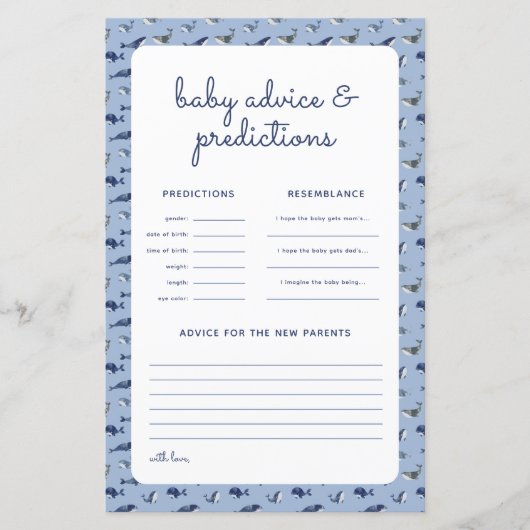 Blue Whale Coral Baby shower voorspellingen spel (Voorkant)