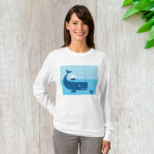 Blue Whale en Blue Sailboat Vrouwen Lange-Sleeve T-shirt