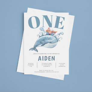 Blue Whale First Birthday Party Invitation Kaart
