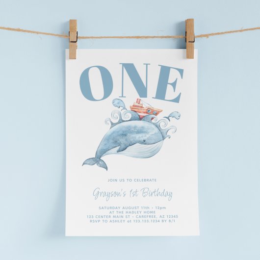 Blue Whale First Birthday Party Invitation Kaart