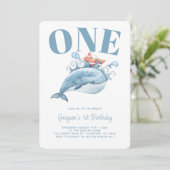 Blue Whale First Birthday Party Invitation Kaart (Staand voorkant)