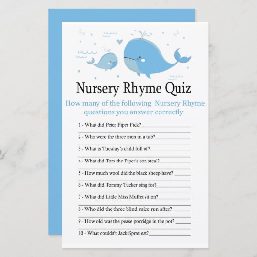 Blue Whale Nursery Rhyme Quiz baby shower game (Voorkant / Achterkant)
