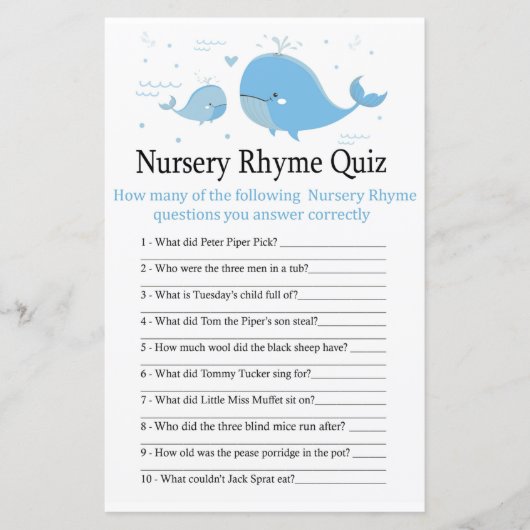 Blue Whale Nursery Rhyme Quiz baby shower game (Voorkant)