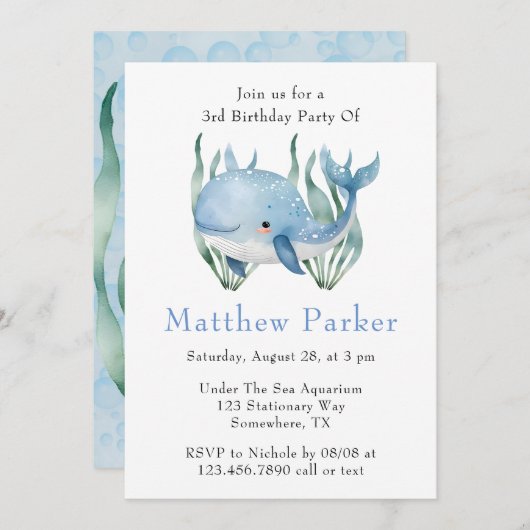 Blue Whale onder het Zee Boy Verjaardagsfeest Kaart (Voorkant / Achterkant)