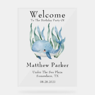 Blue Whale onder het Zee Boy Welcome Sign Acryl Bord
