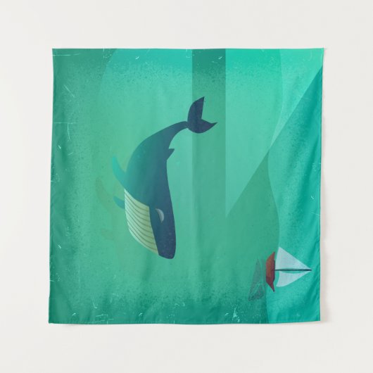 Blue Whale & Sailboat – Calm Ocean Uitzicht Wandkleed (Voorkant (horizontaal))