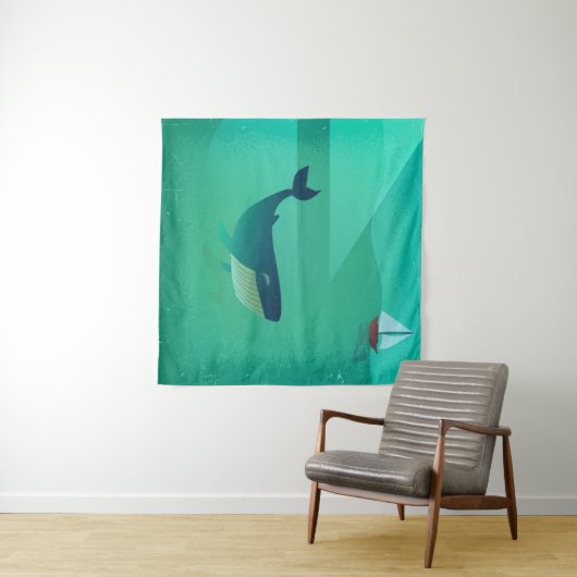 Blue Whale & Sailboat – Calm Ocean Uitzicht Wandkleed (In Situ (horizontaal))