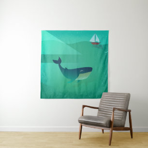 Blue Whale & Sailboat – Calm Ocean Uitzicht Wandkleed