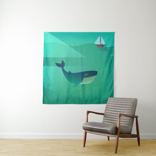 Blue Whale & Sailboat – Calm Ocean Uitzicht Wandkleed (In situ)