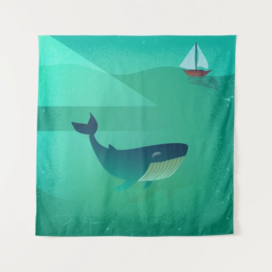 Blue Whale & Sailboat – Calm Ocean Uitzicht Wandkleed (Voorkant)