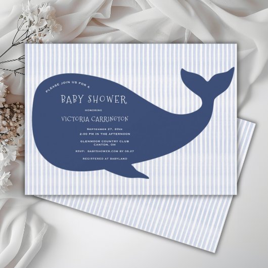 Blue Whale Stripe-Baby shower Kaart
