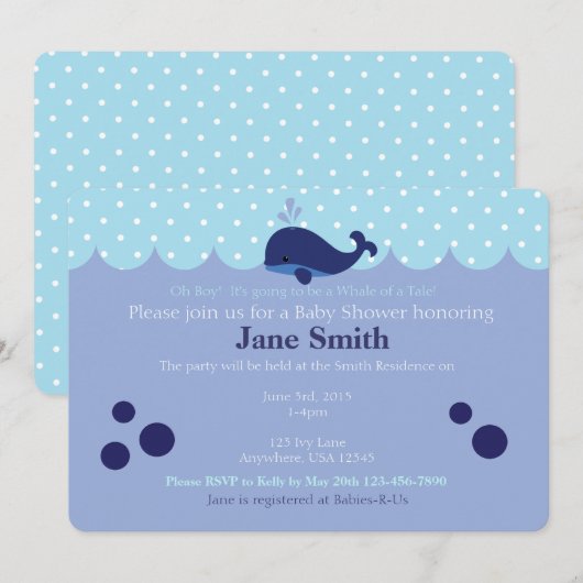Blue Whale Theme Baby Boy Douche Uitnodiging (Voorkant / Achterkant)