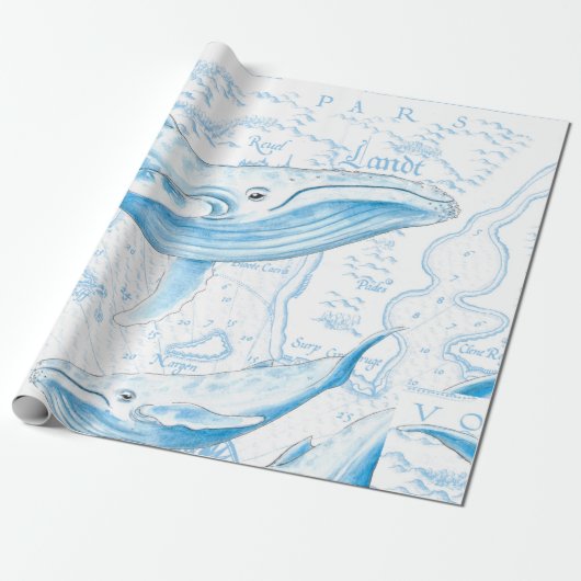 Blue Whales Family White Cadeaupapier (Uitgerold)