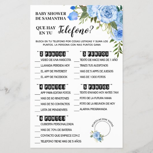 Blue What on Phone Bilingual Shower Game Kaart (Achterkant)