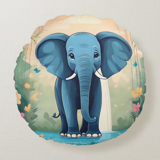 Blue Whimsical Baby olifant, Rond Kussen (Voorkant)