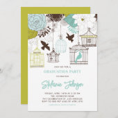 Blue Whimsical Birdcages Afstuderen Invitation Kaart (Voorkant / Achterkant)