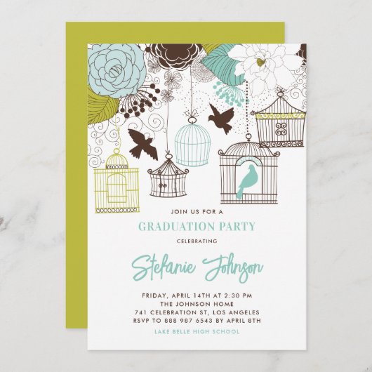 Blue Whimsical Birdcages Afstuderen Invitation Kaart (Voorkant / Achterkant)