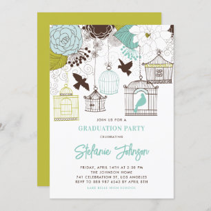 Blue Whimsical Birdcages Afstuderen Invitation Kaart
