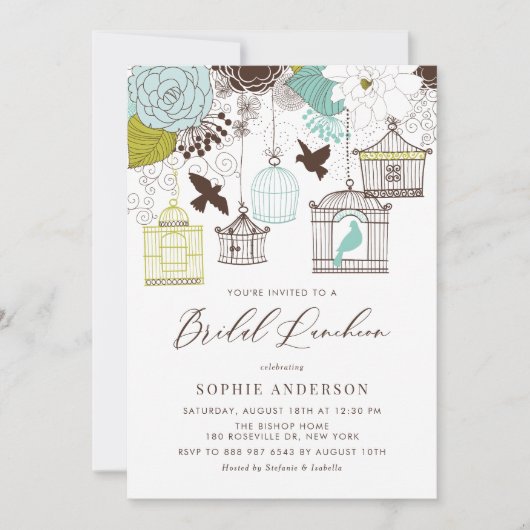 Blue Whimsical Birdcages Bruidslunch Kaart (Voorkant)