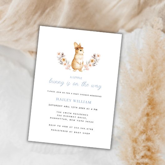 Blue Whimsical Bunny Wildflower Baby shower Kaart