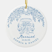 Blue Whimsical Car Our First Christmas Married Keramisch Ornament (Voorkant)