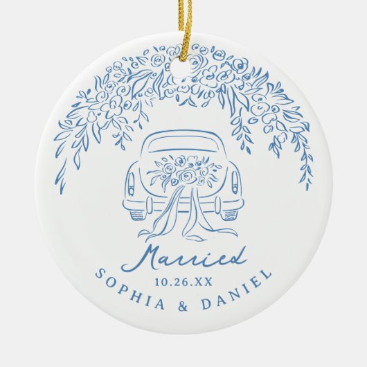 Blue Whimsical Car Our First Christmas Married Keramisch Ornament (Voorkant)
