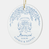 Blue Whimsical Car Our First Christmas Married Keramisch Ornament (Links)