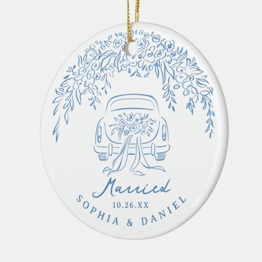 Blue Whimsical Car Our First Christmas Married Keramisch Ornament (Links)
