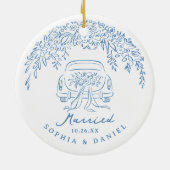 Blue Whimsical Car Our First Christmas Married Keramisch Ornament (Achterkant)