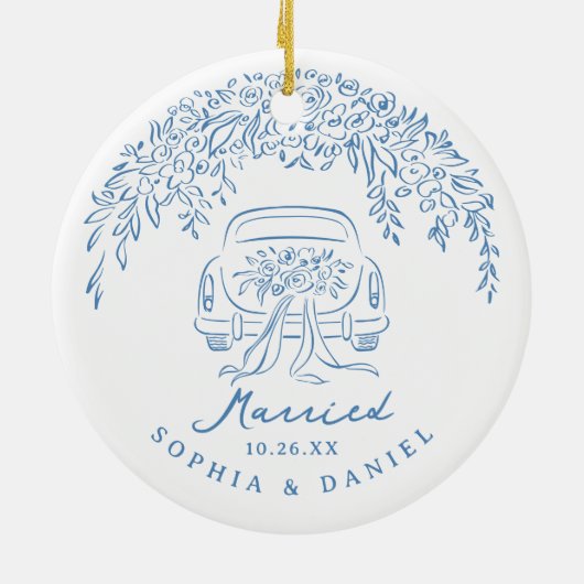 Blue Whimsical Car Our First Christmas Married Keramisch Ornament (Achterkant)