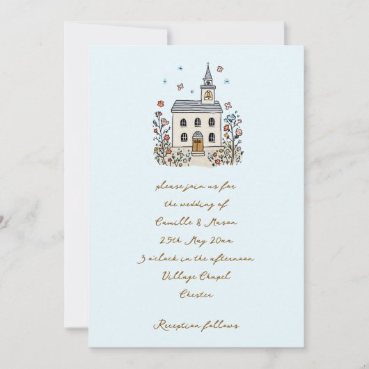 Blue Whimsical Chapel Doodle Wedding Kaart (Voorkant)