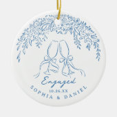 Blue Whimsical Cheers Our First Christmas Engaged Keramisch Ornament (Voorkant)