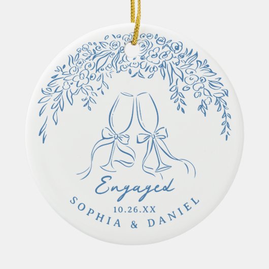 Blue Whimsical Cheers Our First Christmas Engaged Keramisch Ornament (Voorkant)