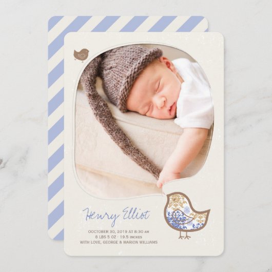 Blue Whimsical Chick Baby Boy Aankondiging (Voorkant / Achterkant)