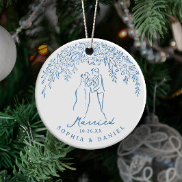 Blue Whimsical Couple Our First Christmas Married Keramisch Ornament