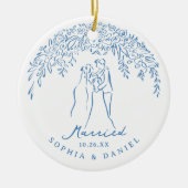 Blue Whimsical Couple Our First Christmas Married Keramisch Ornament (Voorkant)