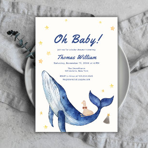 Blue Whimsical Duckling Star Whale Baby shower Kaart
