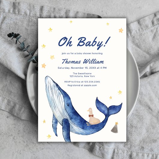 Blue Whimsical Duckling Star Whale Baby shower Kaart