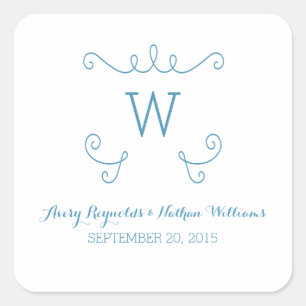 Blue Whimsical Flourish Monogram Wedding Vierkante Sticker