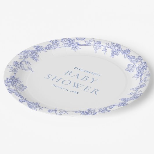 Blue Whimsical Garden Chinoiserie Baby shower Papieren Bordje (Gekanteld)