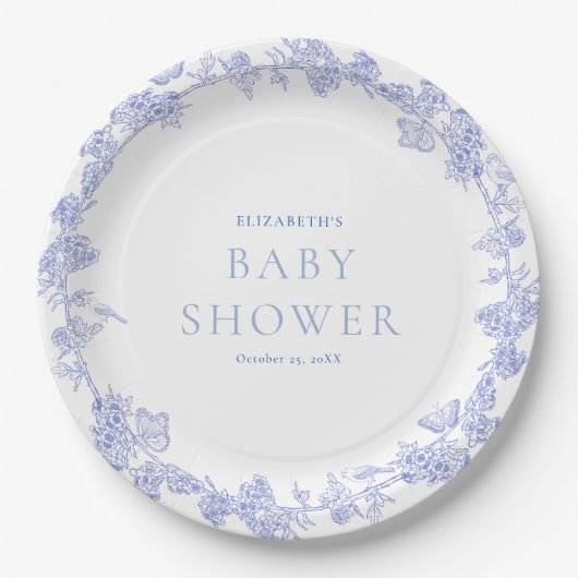 Blue Whimsical Garden Chinoiserie Baby shower Papieren Bordje (Voorkant)