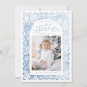 Blue Whimsical Hand Drawn Joyful Holiday Photo Feestdagenkaart (Voorkant)