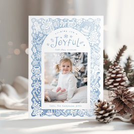 Blue Whimsical Hand Drawn Joyful Holiday Photo Feestdagenkaart