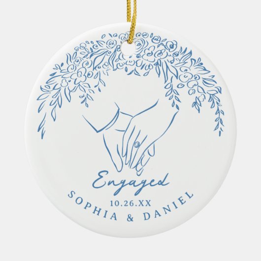Blue Whimsical Hands Our First Christmas Engaged Keramisch Ornament (Voorkant)