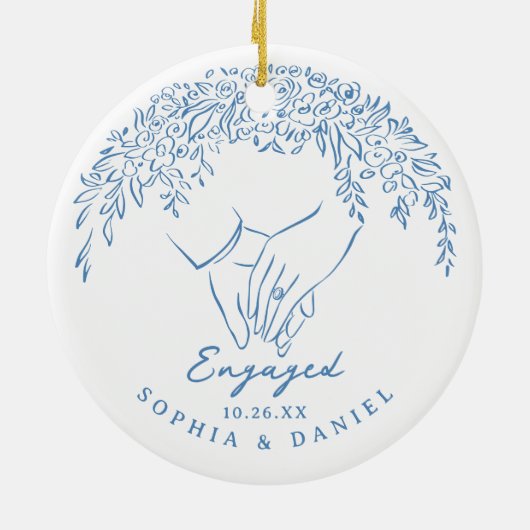 Blue Whimsical Hands Our First Christmas Engaged Keramisch Ornament (Achterkant)