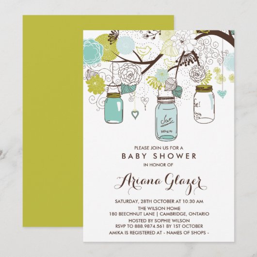 Blue Whimsical Mason Jars Baby shower Invitation Kaart (Voorkant / Achterkant)