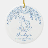 Blue Whimsical rocking horse Baby's 1st Christmas Keramisch Ornament (Voorkant)